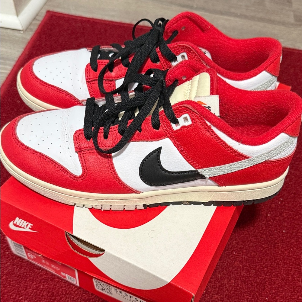 Nike Red and White Dunks Low-Top Sneakers slightly worn. Size 8.5